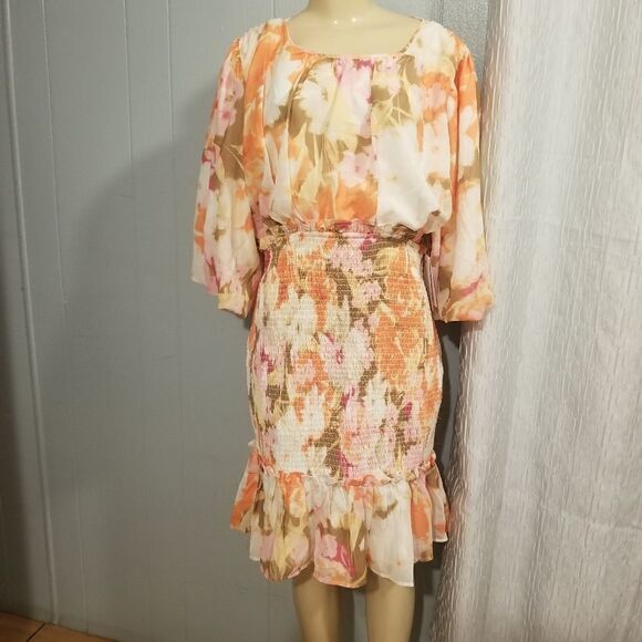 NWT Rachel Parcell Smocked Dress Puff Sleeve Pink Spring Multi Floral L - Picture 6 of 16
